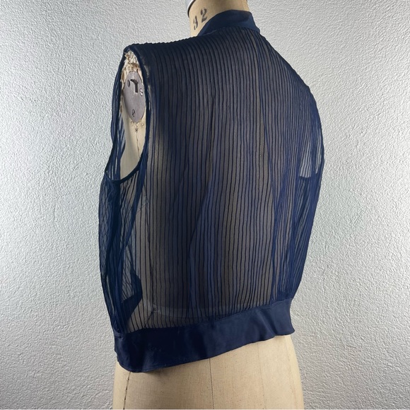 Vintage l 50s L Sheer Navy Blue Pintuck Necktie Bow Red Button Rockabilly Blouse - Picture 5 of 11